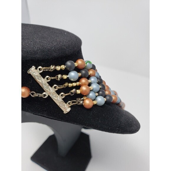 VINTAGE JAPAN SIX STRAND BEADED NECKLACE COPPER BRONZE BROWN BLUE HOOK CLOSURE - Picture 7 of 12